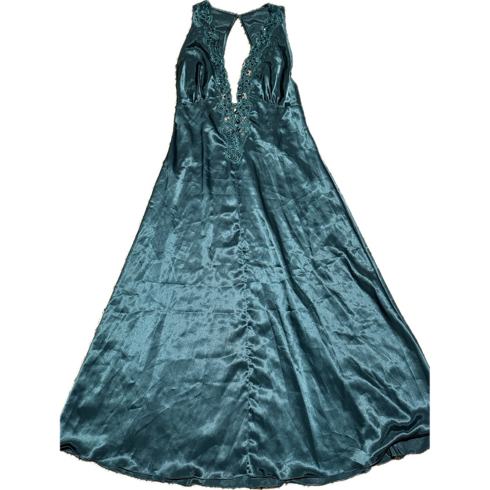 Vintage Victorias Secret Gold Label Green Satin Lace Maxi Nightgown Medium